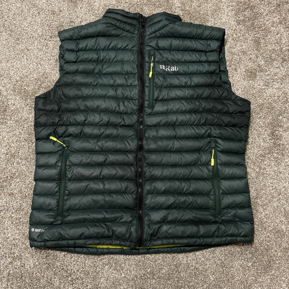 Rab Mens Microlight Down Zip Puffer Green Vest Gilet Pertex Nikwax Size XL